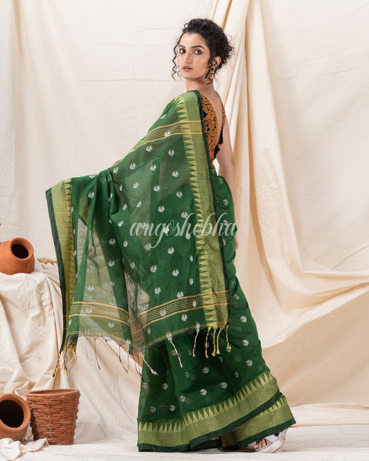 Traditional Cotton Blend Dark Green Handloom Saree angoshobha