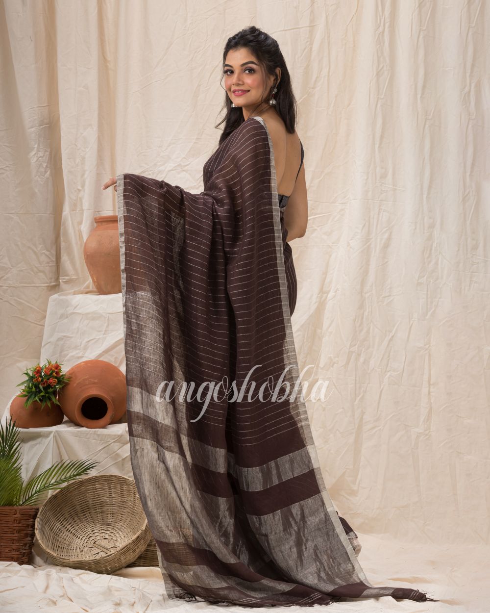 Traditional Dark Brown Linen Jamdani Saree angoshobha