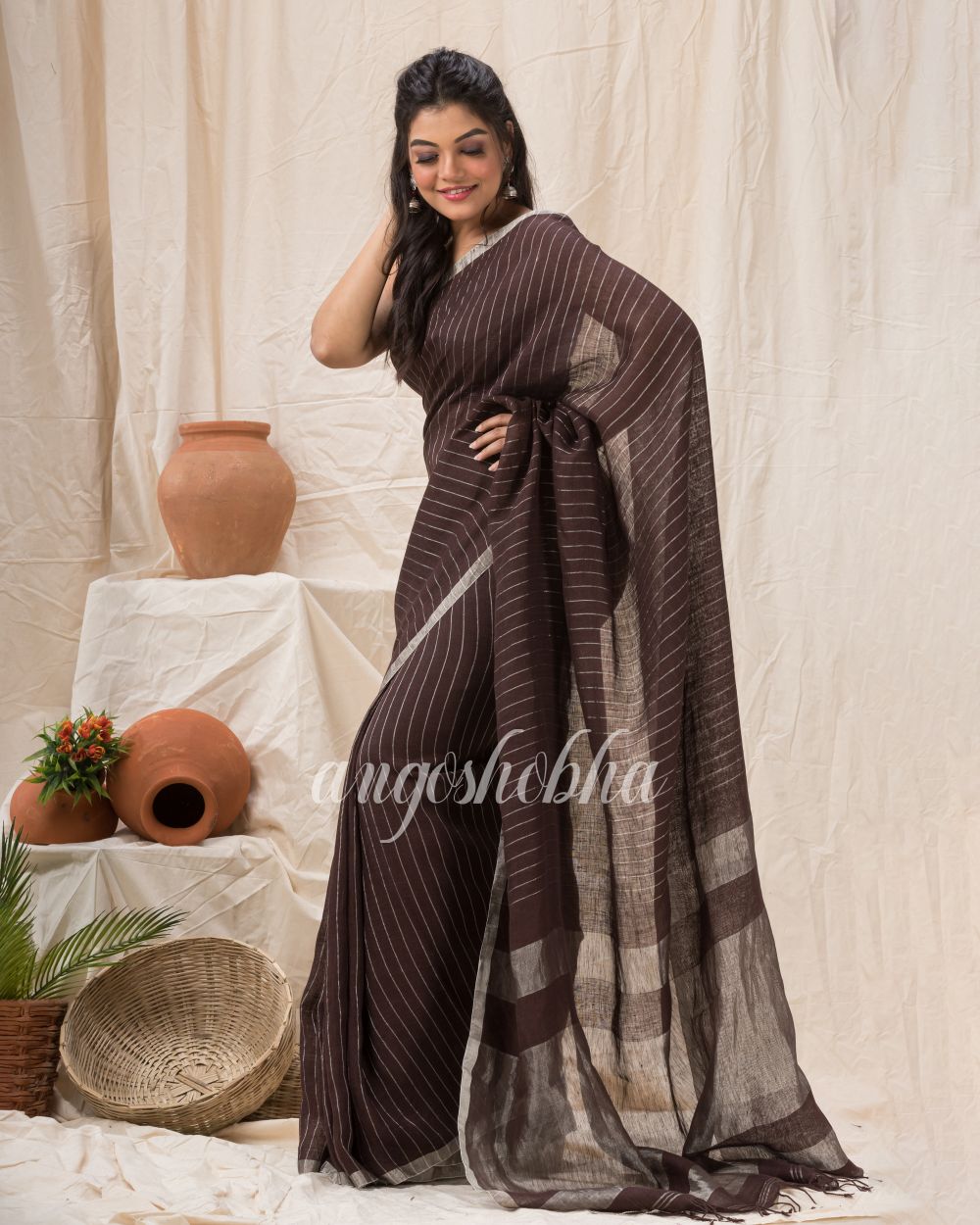 Traditional Dark Brown Linen Jamdani Saree angoshobha