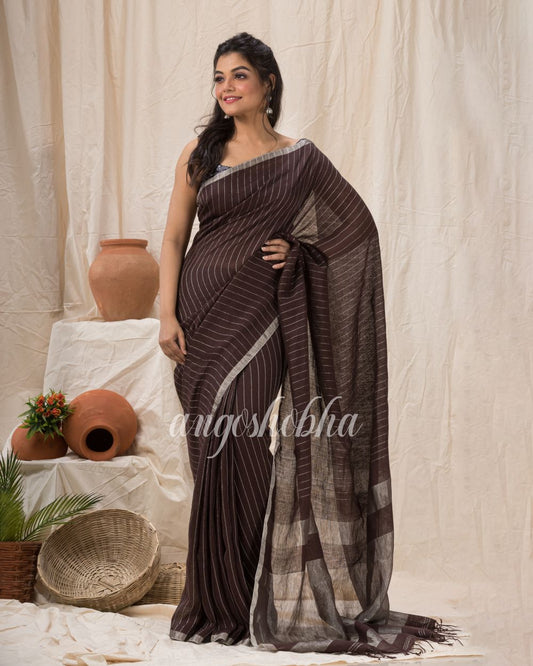 Traditional Dark Brown Linen Jamdani Saree angoshobha