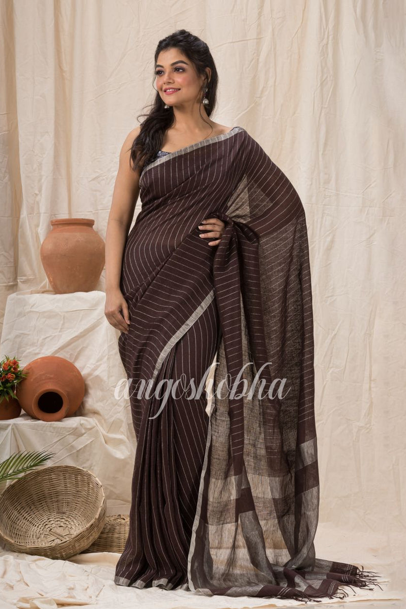 Traditional Dark Brown Linen Jamdani Saree