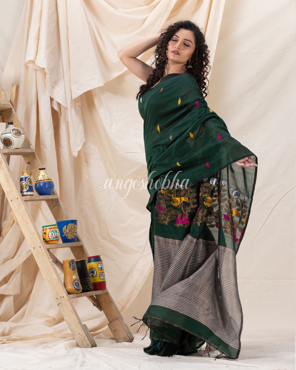 Traditional Dark Green Cotton Soft Jamdani Saree angoshobha