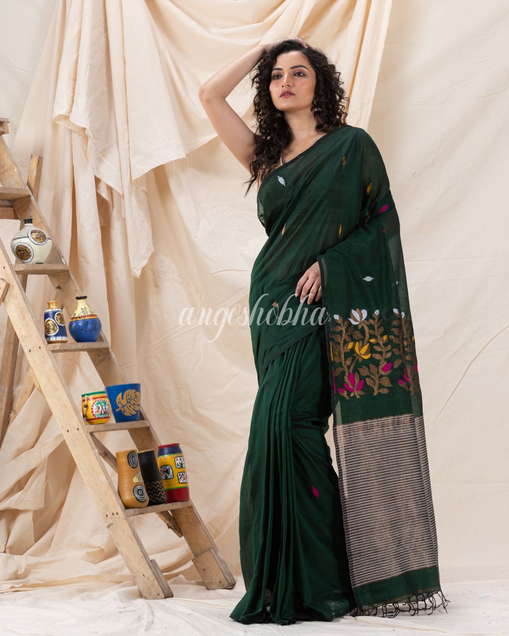 Traditional Dark Green Cotton Soft Jamdani Saree angoshobha