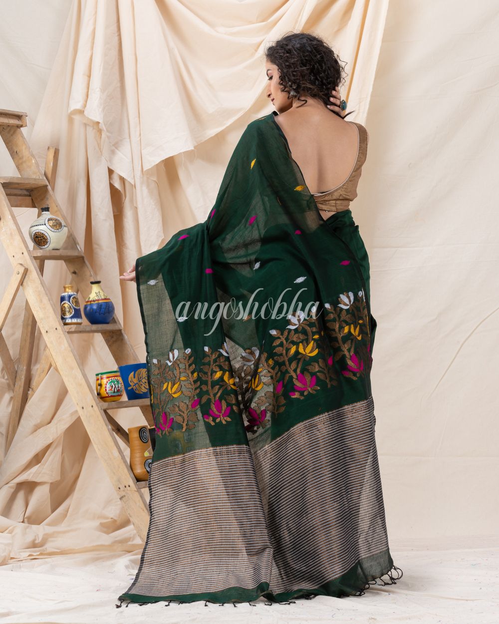 Traditional Dark Green Cotton Soft Jamdani Saree angoshobha