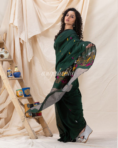 Traditional Dark Green Cotton Soft Jamdani Saree angoshobha