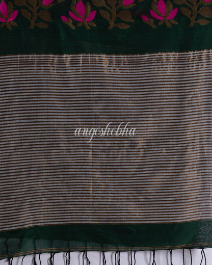 Traditional Dark Green Cotton Soft Jamdani Saree angoshobha