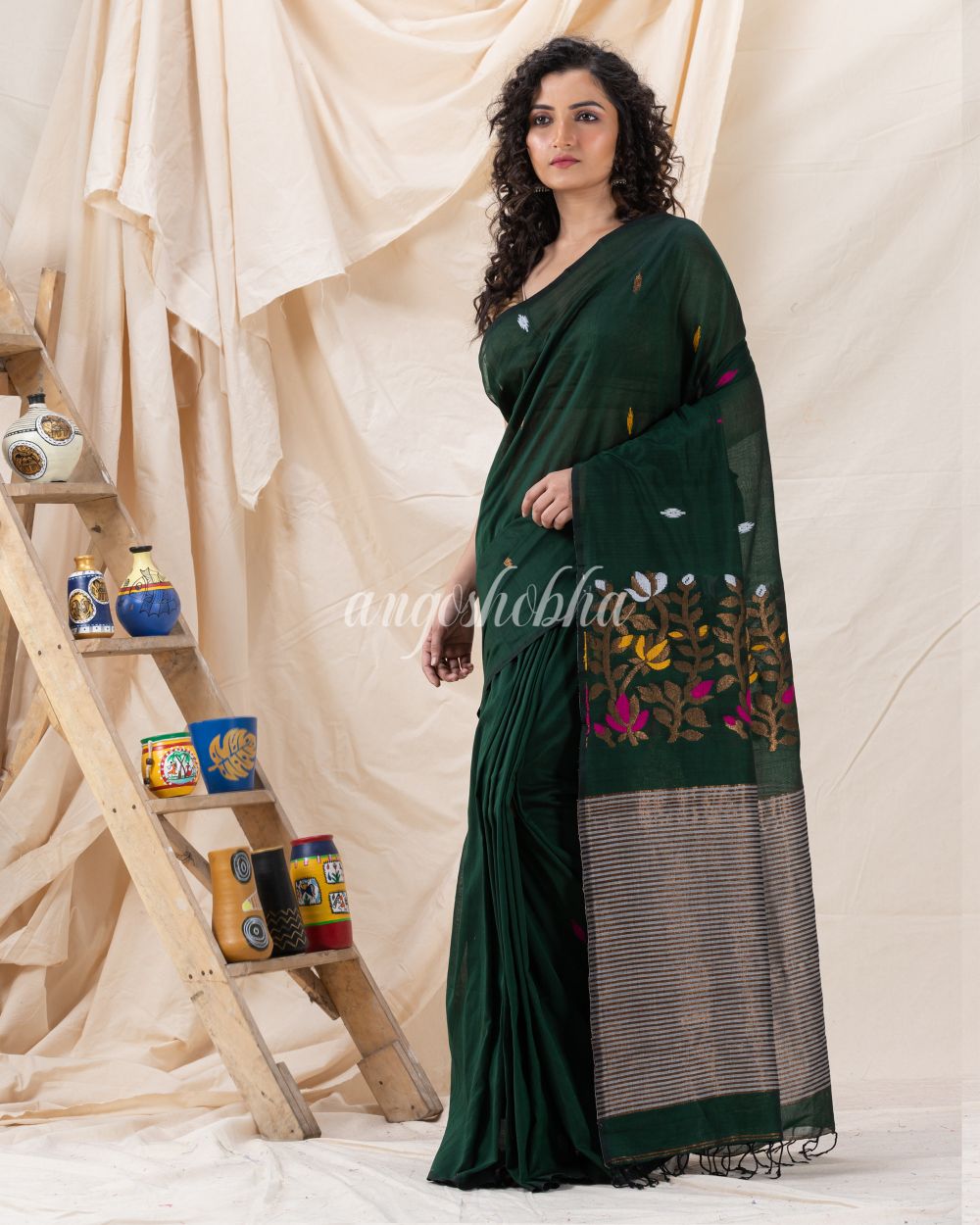 Traditional Dark Green Cotton Soft Jamdani Saree angoshobha