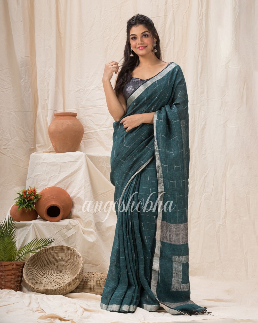 Traditional Dark Green Linen Jamdani Saree angoshobha