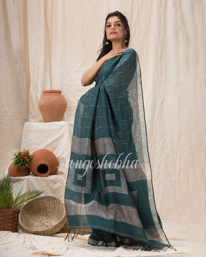 Traditional Dark Green Linen Jamdani Saree angoshobha