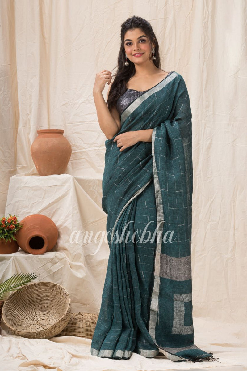 Traditional Dark Green Linen Jamdani Saree