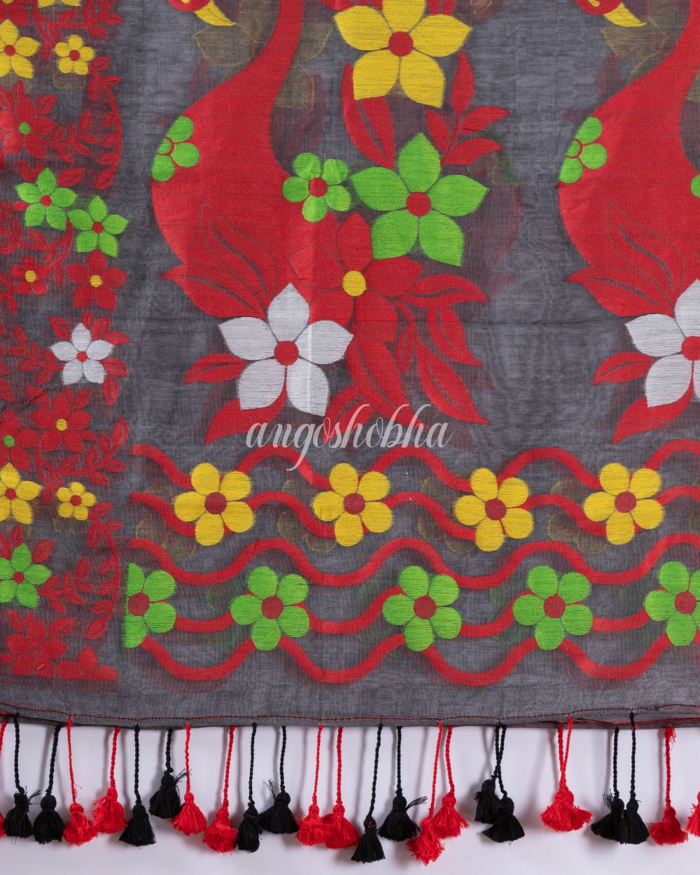 Traditional Dark Grey Flower Soft Dhakai Jamdani Saree angoshobha