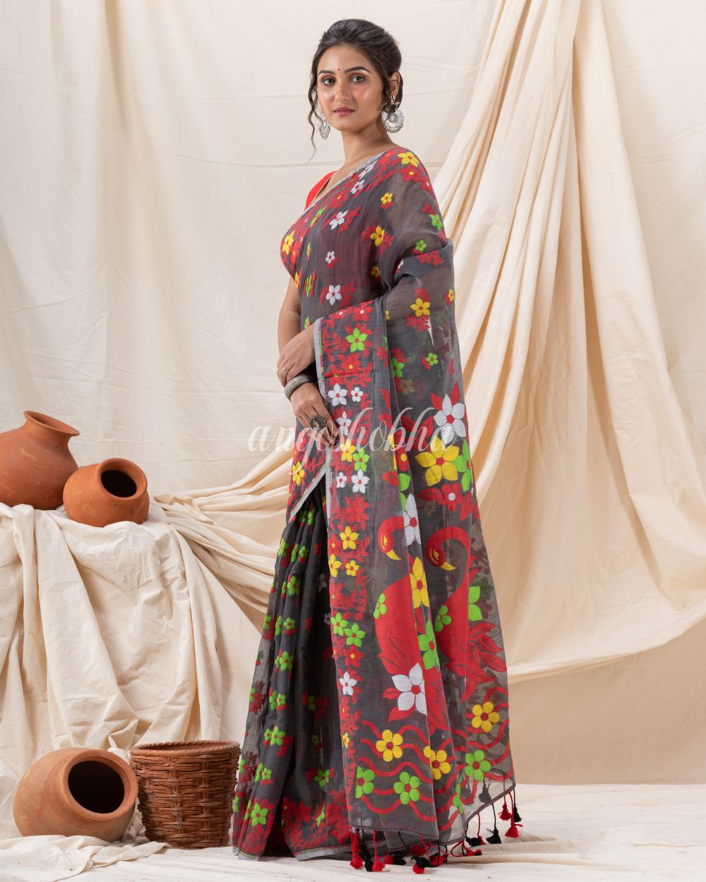 Traditional Dark Grey Flower Soft Dhakai Jamdani Saree angoshobha