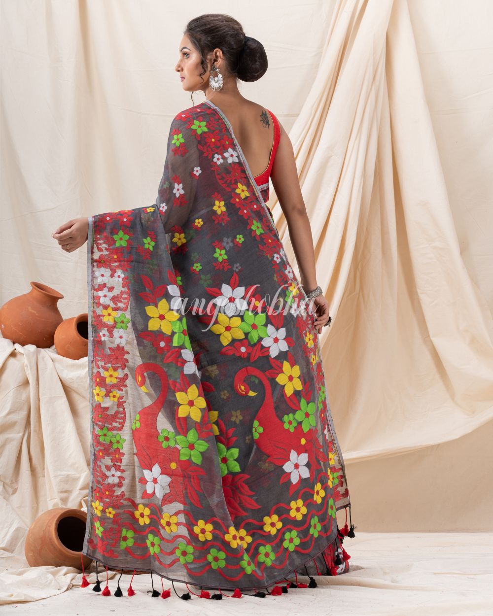 Traditional Dark Grey Flower Soft Dhakai Jamdani Saree angoshobha