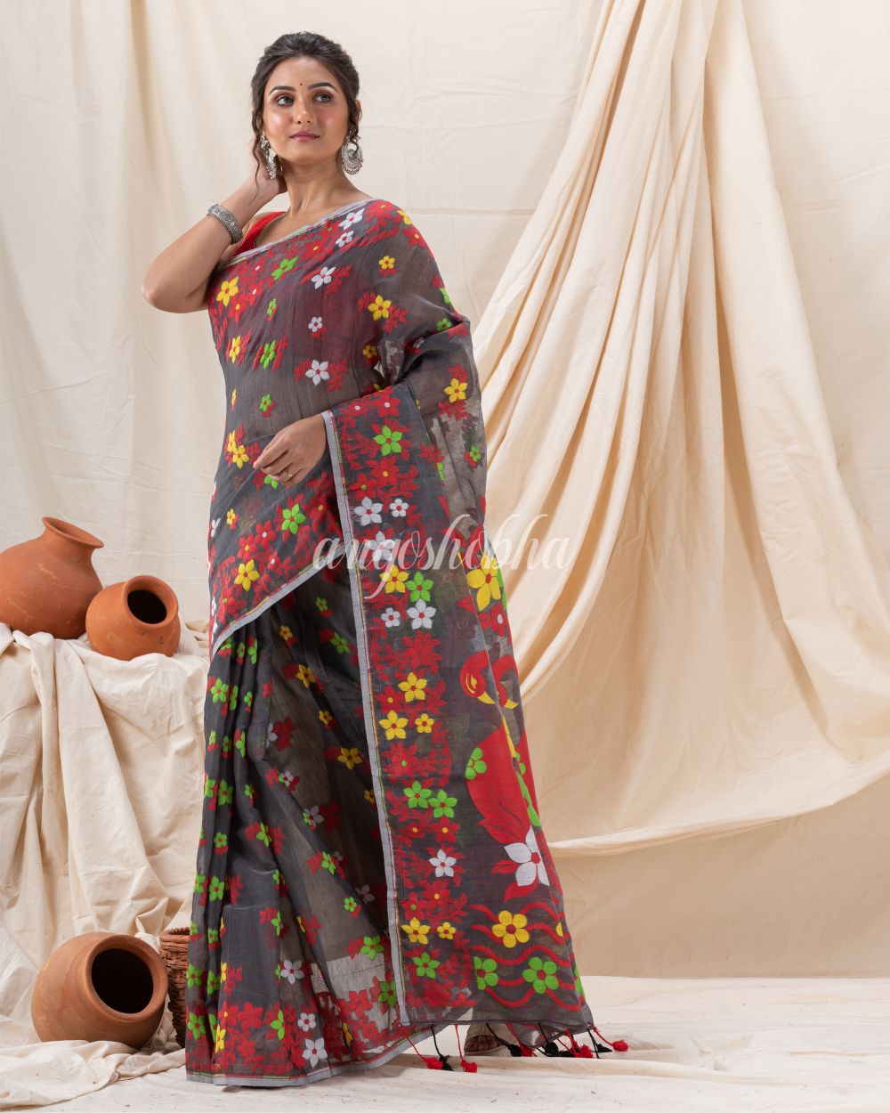 Traditional Dark Grey Flower Soft Dhakai Jamdani Saree angoshobha