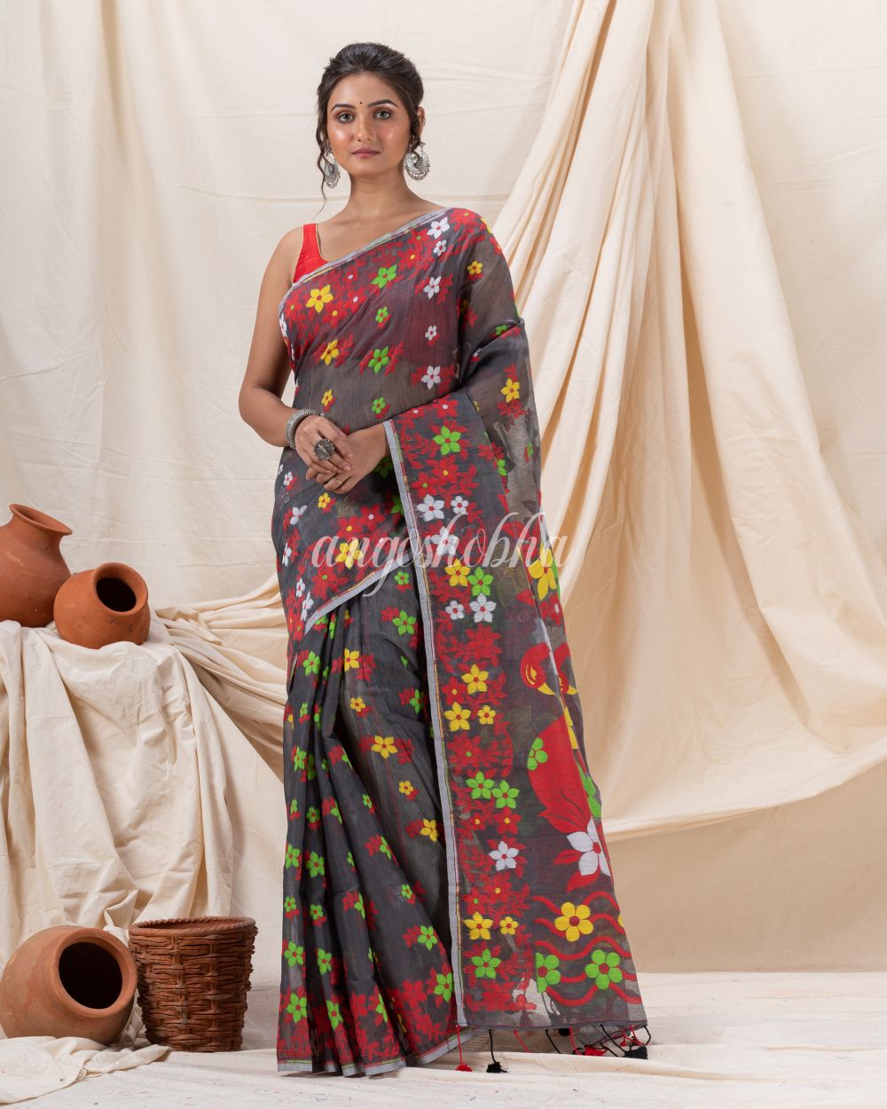 Traditional Dark Grey Flower Soft Dhakai Jamdani Saree angoshobha