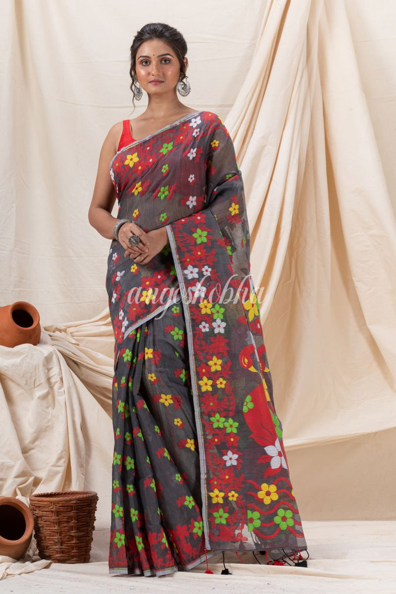 Traditional Dark Grey Flower Soft Dhakai Jamdani Saree