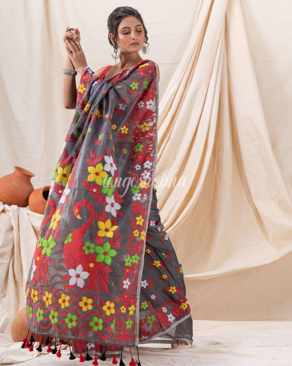 Traditional Dark Grey Flower Soft Dhakai Jamdani Saree angoshobha