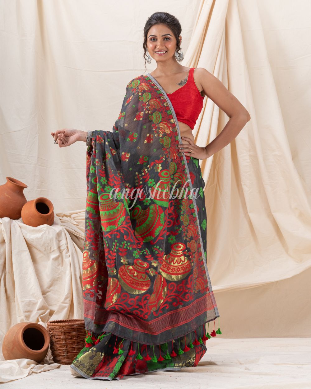 Traditional Dark Grey Soft Dhakai Jamdani Saree angoshobha