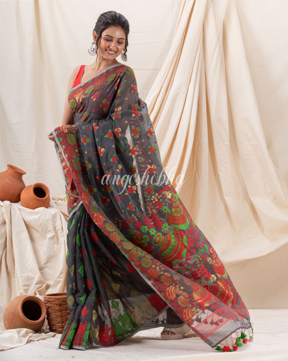 Traditional Dark Grey Soft Dhakai Jamdani Saree angoshobha