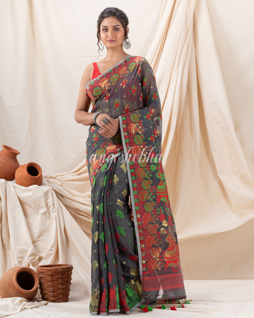 Traditional Dark Grey Soft Dhakai Jamdani Saree angoshobha