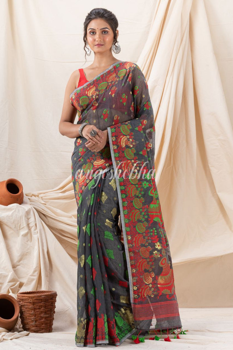 Traditional Dark Grey Soft Dhakai Jamdani Saree