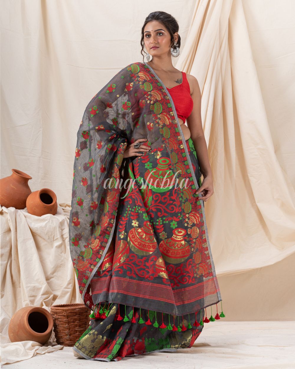 Traditional Dark Grey Soft Dhakai Jamdani Saree angoshobha