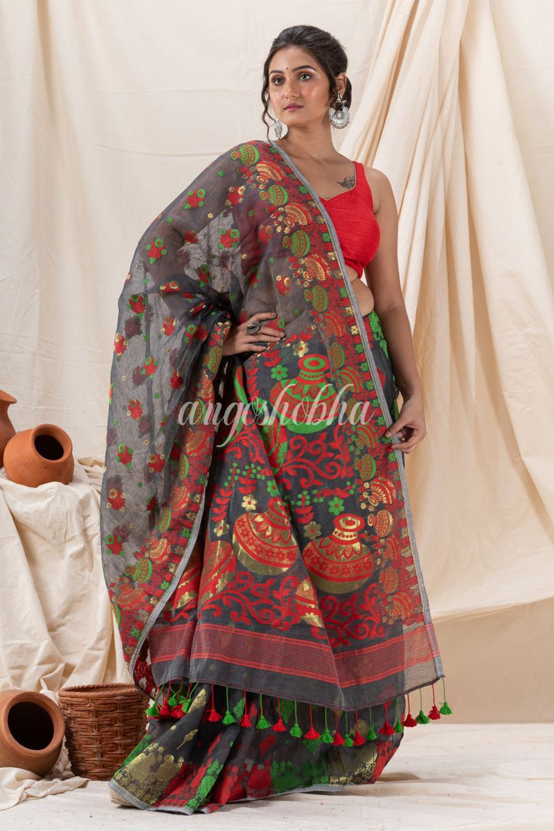 Traditional Dark Grey Soft Dhakai Jamdani Saree