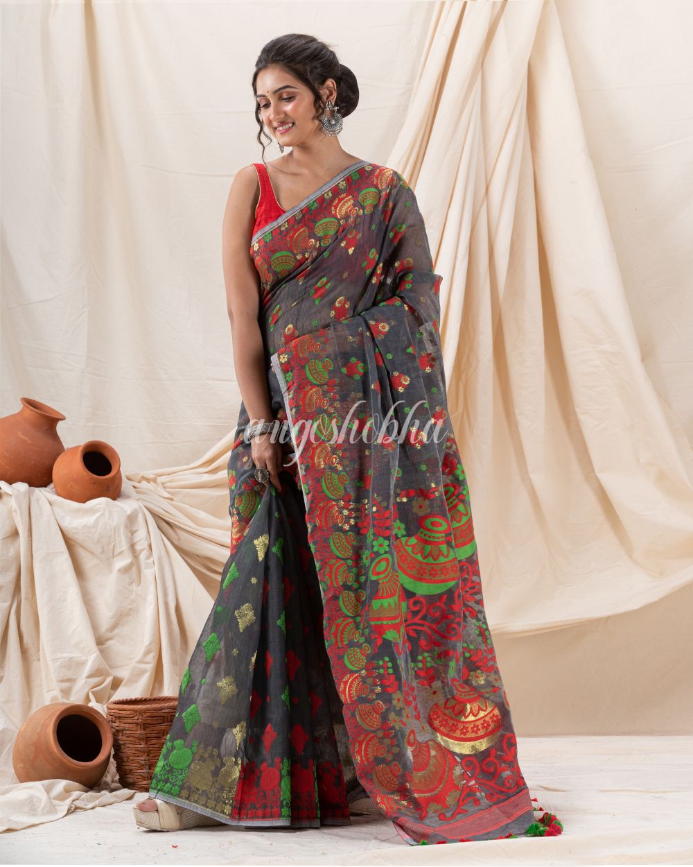 Traditional Dark Grey Soft Dhakai Jamdani Saree angoshobha
