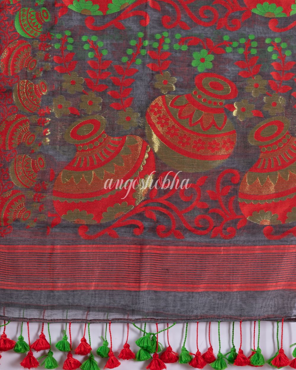 Traditional Dark Grey Soft Dhakai Jamdani Saree angoshobha