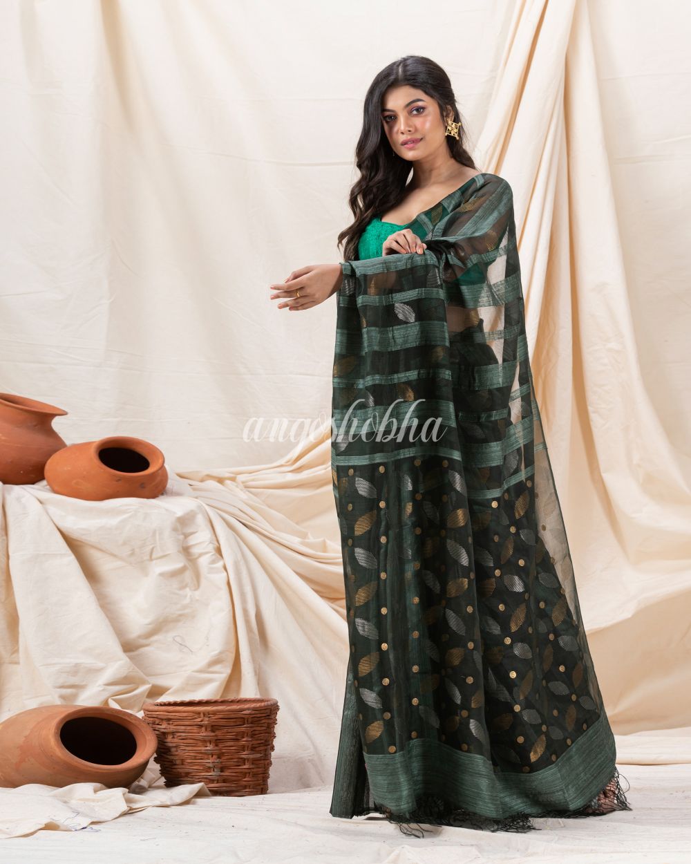 Traditional Dark Slate Grey Motka Silk Sequin Soft Jamdani Saree angoshobha