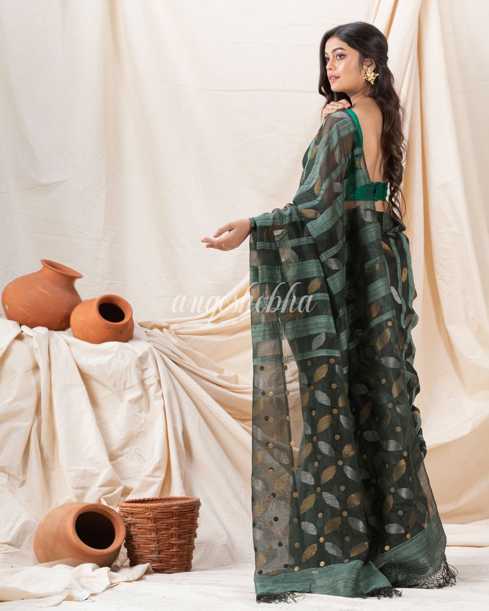 Traditional Dark Slate Grey Motka Silk Sequin Soft Jamdani Saree angoshobha