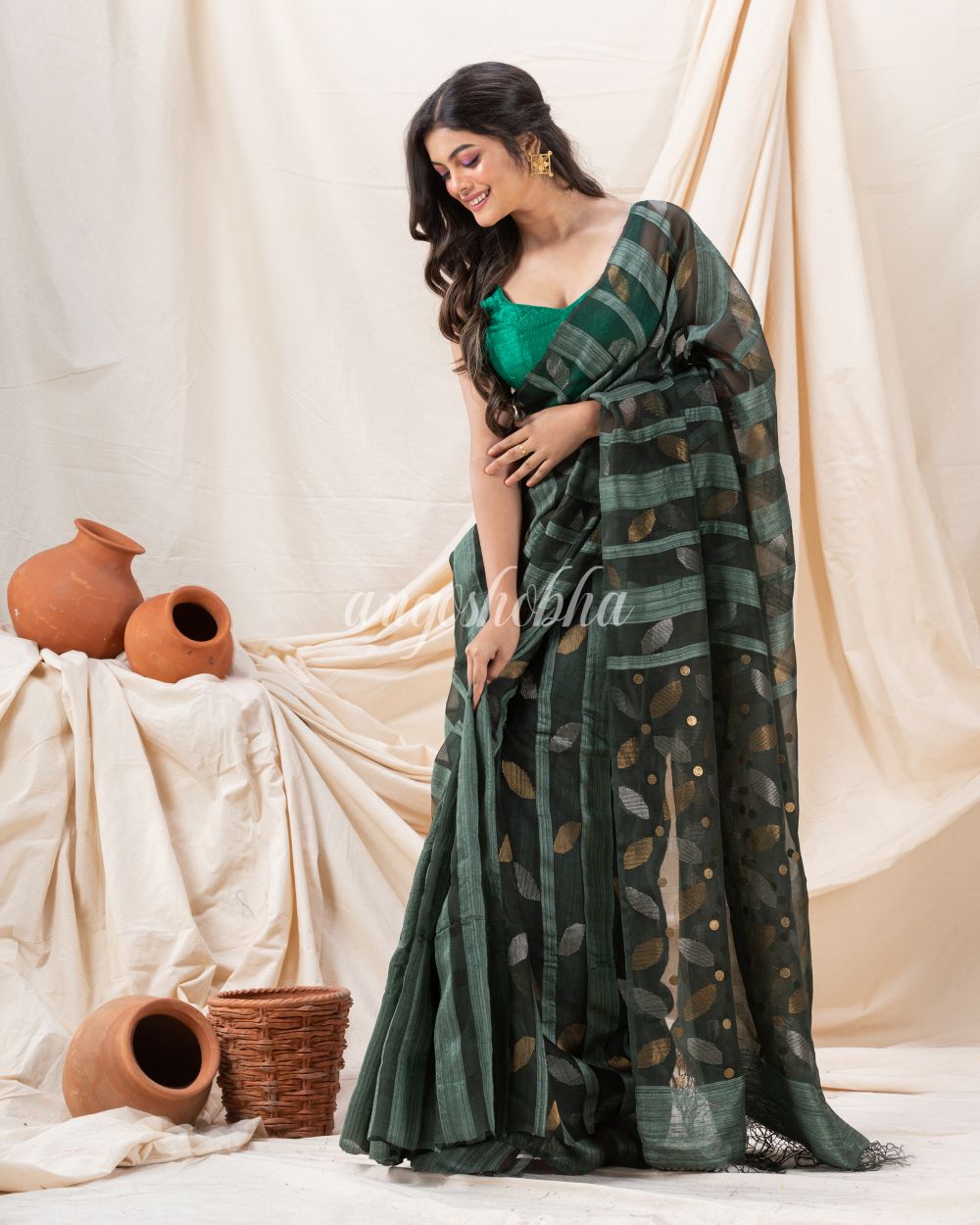 Traditional Dark Slate Grey Motka Silk Sequin Soft Jamdani Saree angoshobha