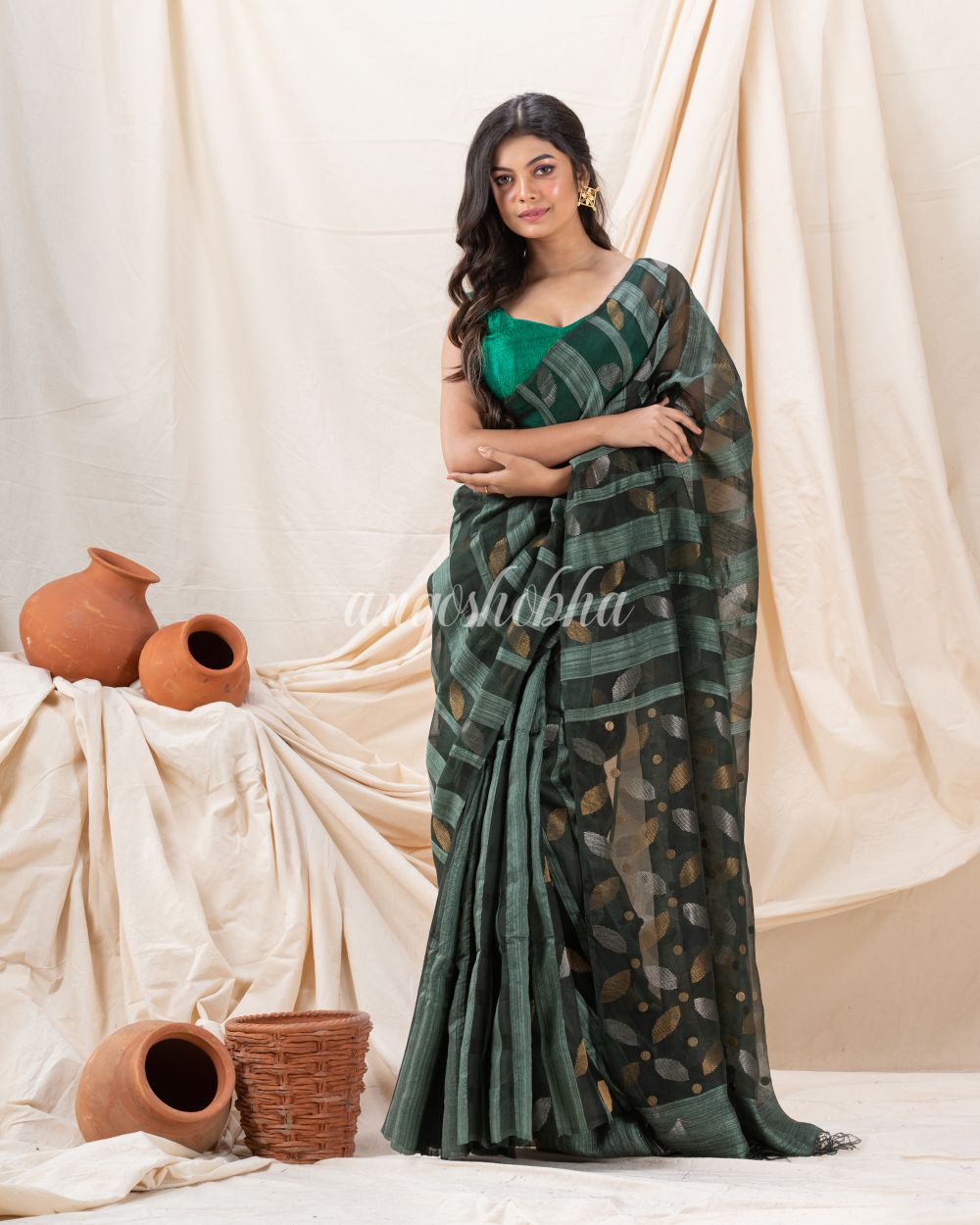 Traditional Dark Slate Grey Motka Silk Sequin Soft Jamdani Saree angoshobha
