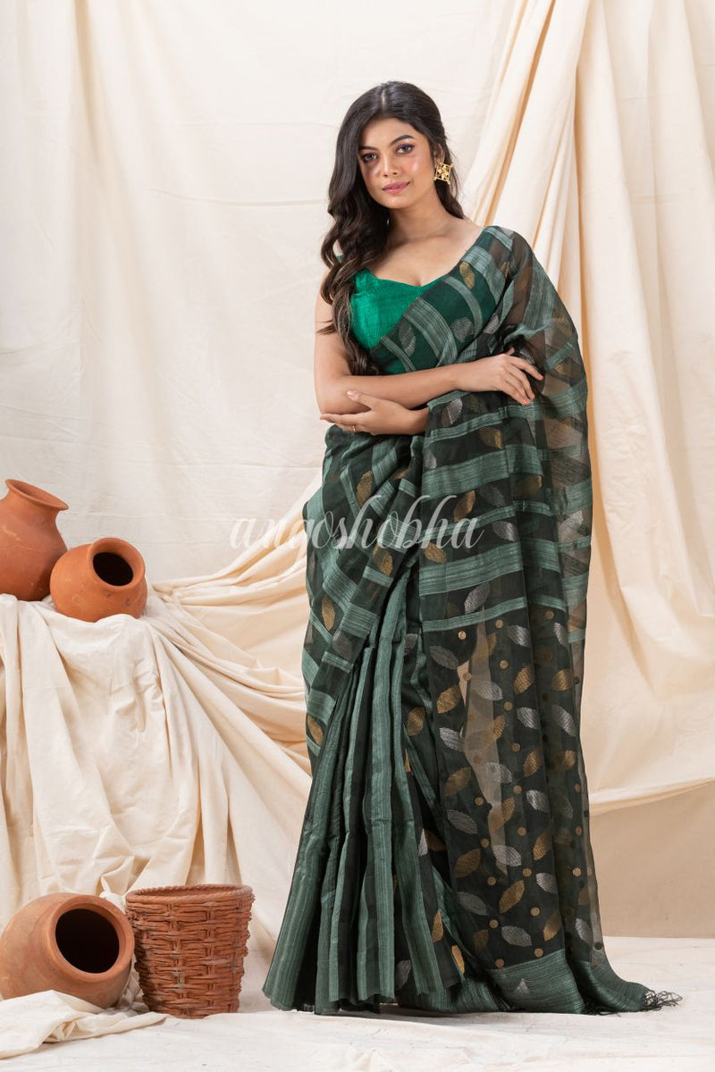 Traditional Dark Slate Grey Motka Silk Sequin Soft Jamdani Saree