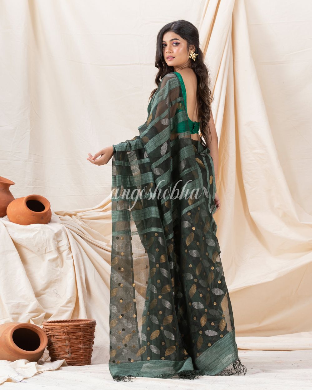 Traditional Dark Slate Grey Motka Silk Sequin Soft Jamdani Saree angoshobha