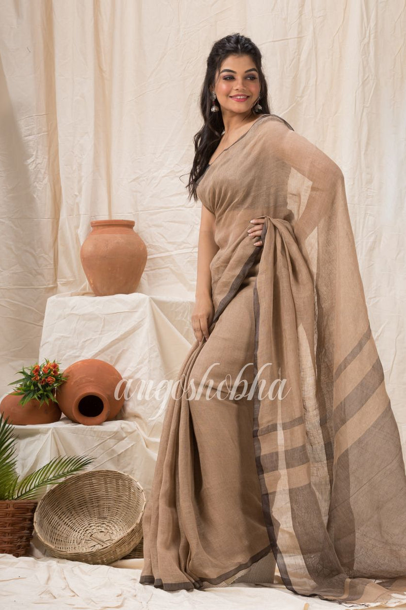 Traditional Dark Tan Handwoven Linen Saree