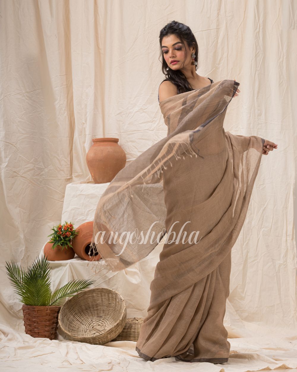 Traditional Dark Tan Handwoven Linen Saree angoshobha