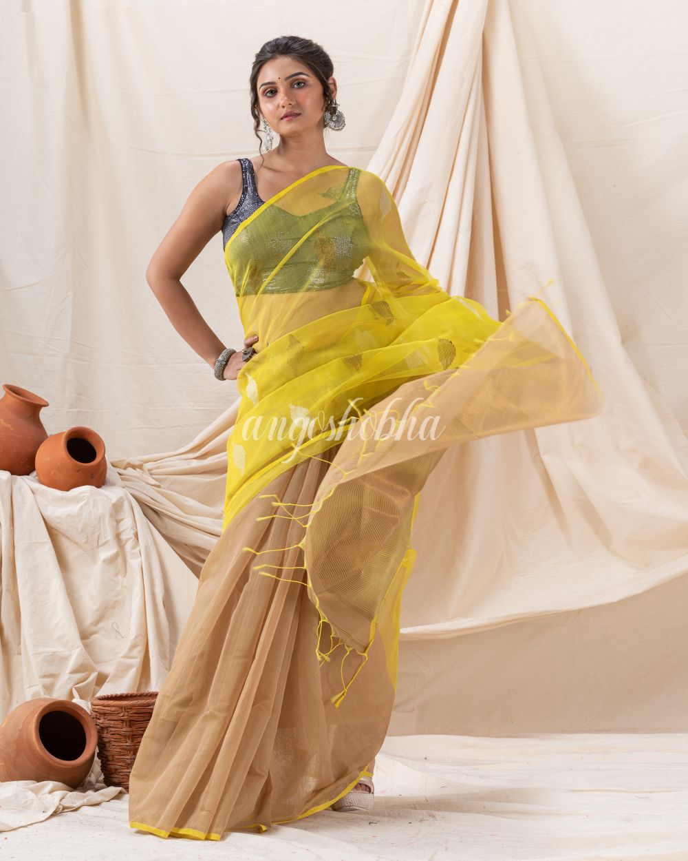 Traditional Deep Beige Yellow Cotton Silk Fancy Jamdani Saree angoshobha