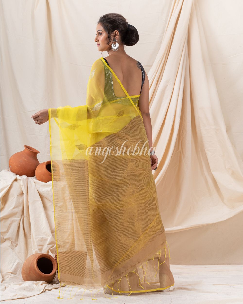 Traditional Deep Beige Yellow Cotton Silk Fancy Jamdani Saree angoshobha