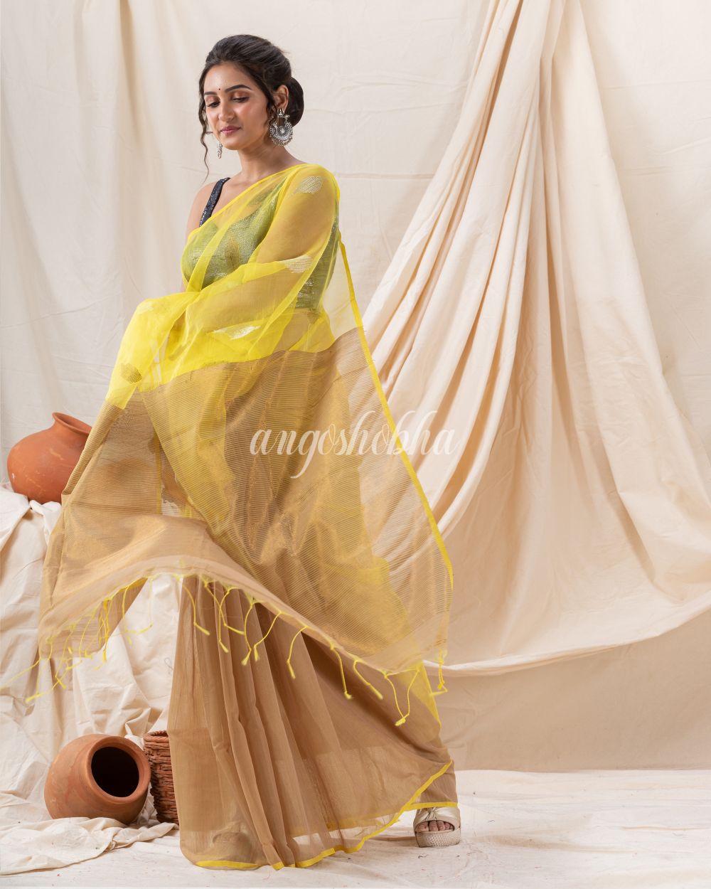 Traditional Deep Beige Yellow Cotton Silk Fancy Jamdani Saree angoshobha