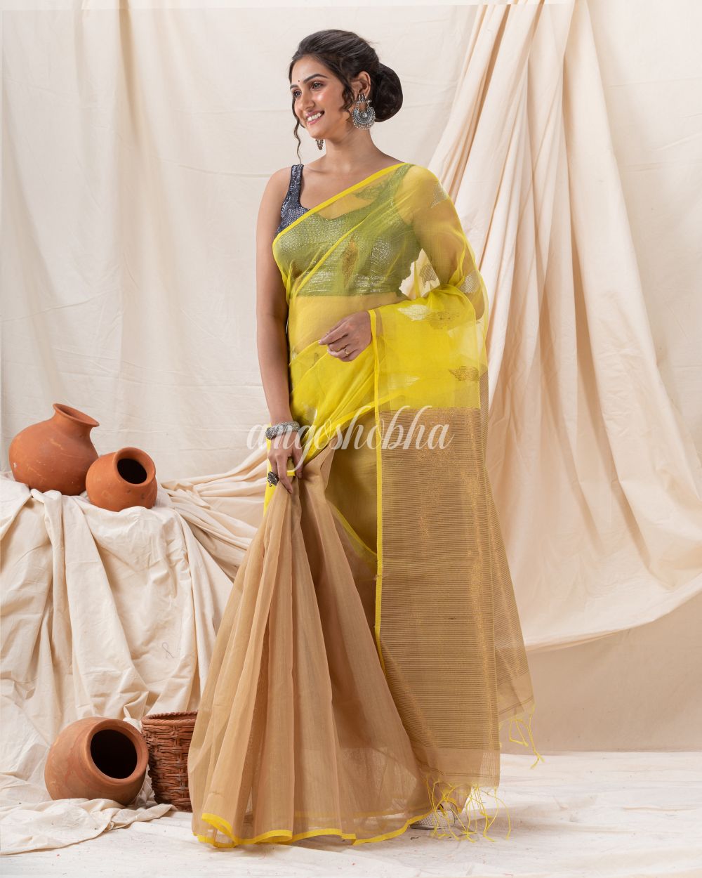 Traditional Deep Beige Yellow Cotton Silk Fancy Jamdani Saree angoshobha