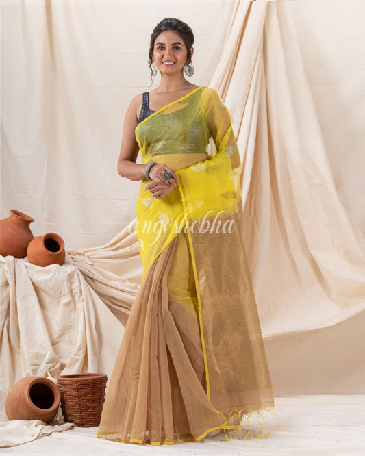 Traditional Deep Beige Yellow Cotton Silk Fancy Jamdani Saree angoshobha