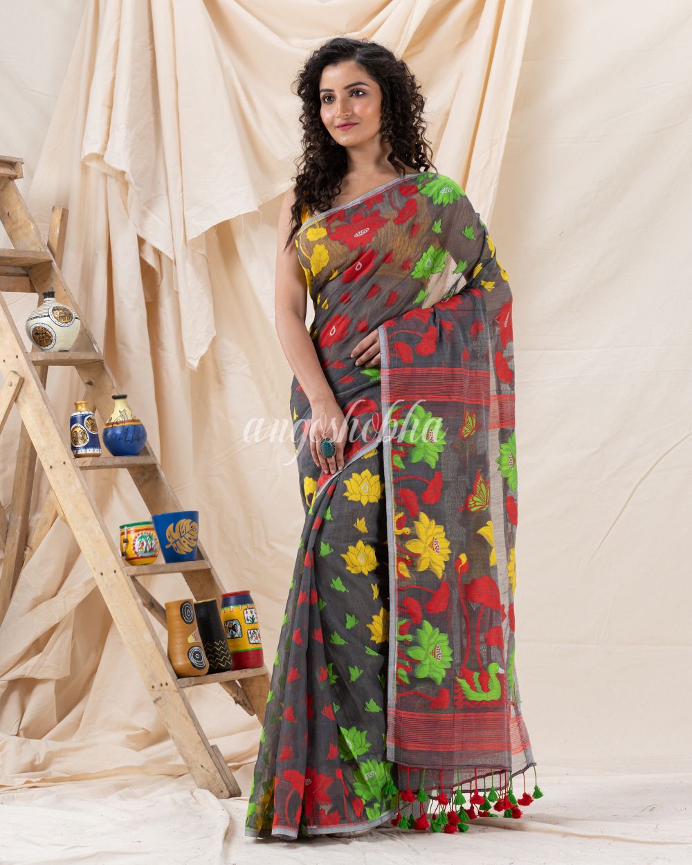 Traditional Deep Gray Soft Dhakai Jamdani Saree angoshobha