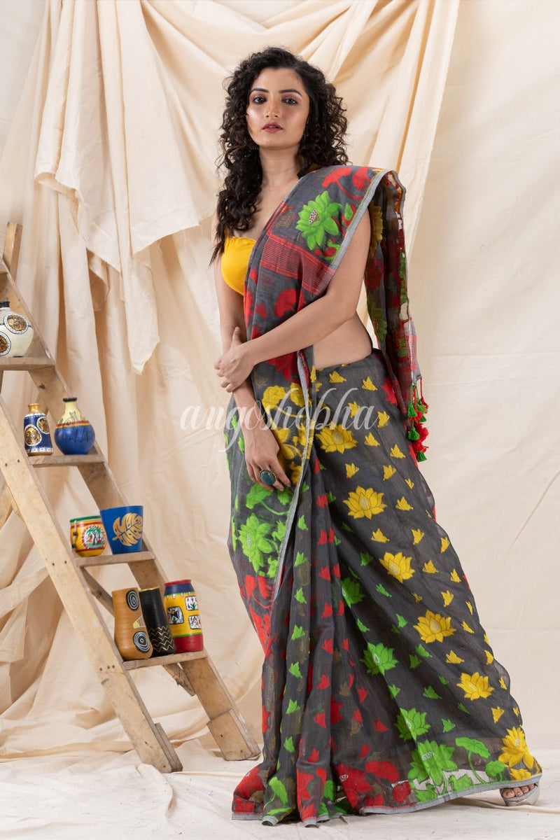 Traditional Deep Gray Soft Dhakai Jamdani Saree