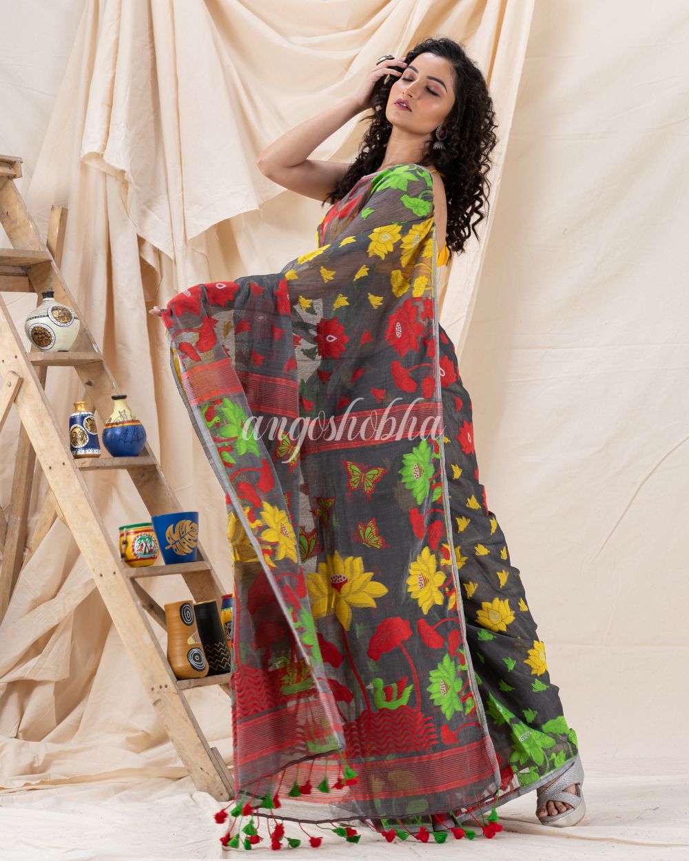 Traditional Deep Gray Soft Dhakai Jamdani Saree angoshobha