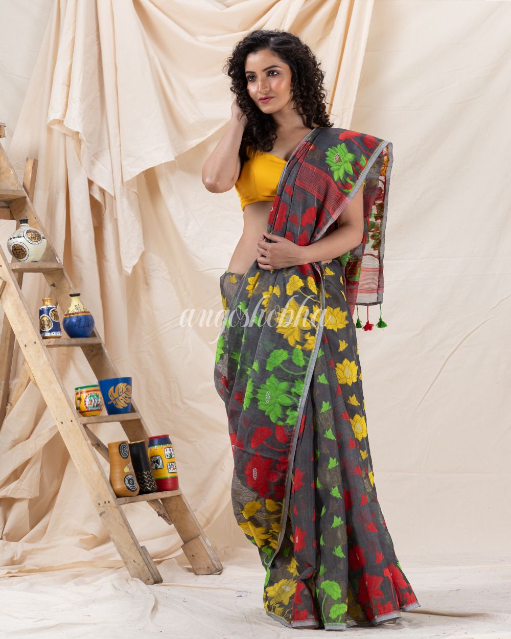 Traditional Deep Gray Soft Dhakai Jamdani Saree angoshobha