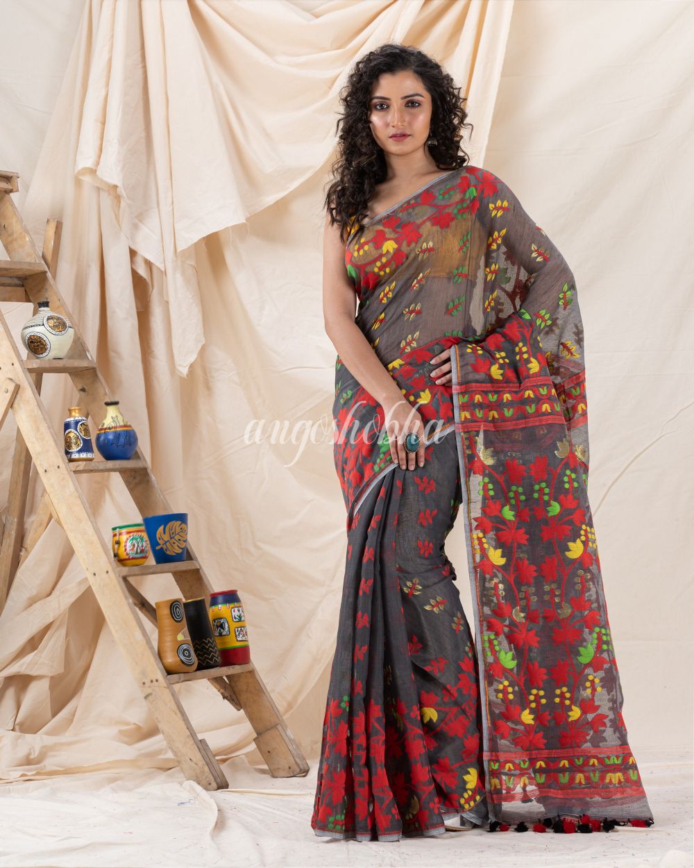 Traditional Deep Grey Soft Dhakai Creeper Jamdani Saree angoshobha