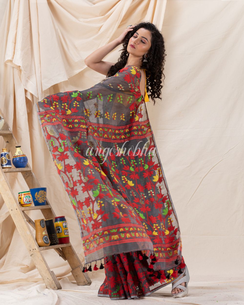 Traditional Deep Grey Soft Dhakai Creeper Jamdani Saree angoshobha