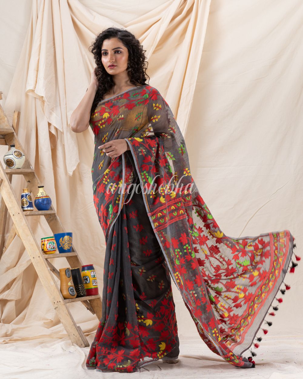 Traditional Deep Grey Soft Dhakai Creeper Jamdani Saree angoshobha