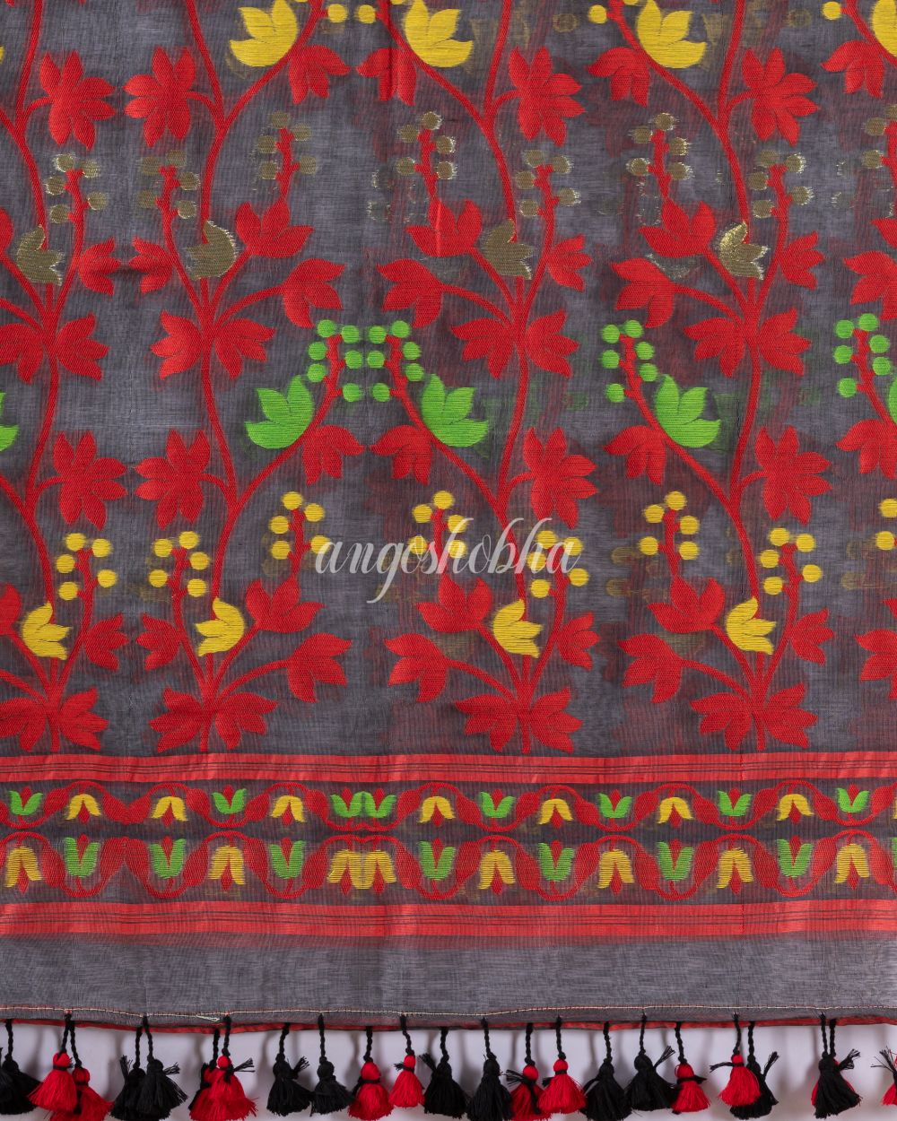 Traditional Deep Grey Soft Dhakai Creeper Jamdani Saree angoshobha